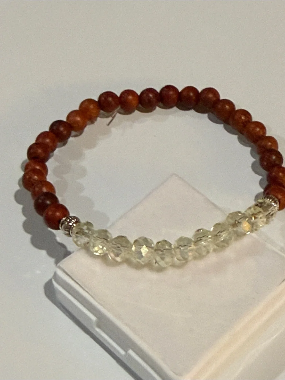 Wood Beaded Stretch Bracelet with Faceted Pale Yellow Crystal Accents Size 8